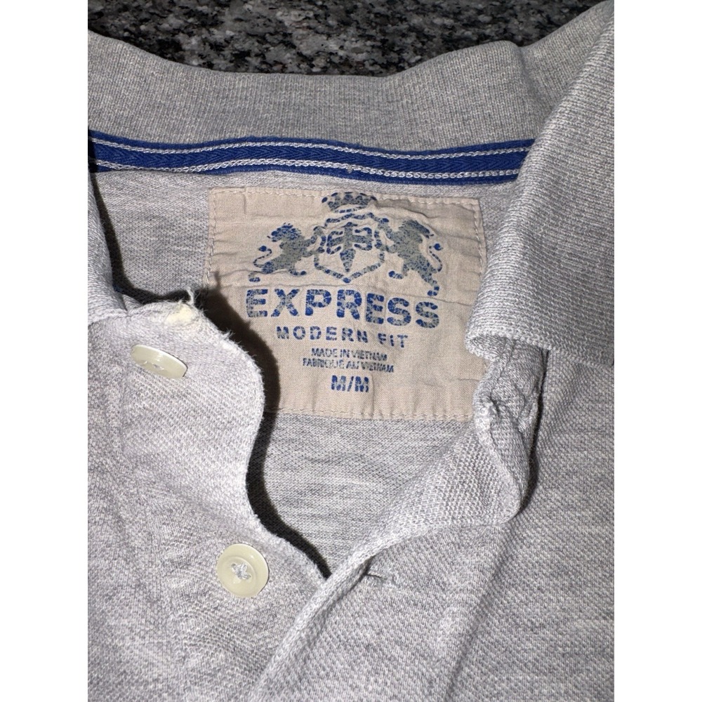Men's Express Modern‎ Fit Size Medium Gray Royal Blue Short Sleeve Polo Emblem - Picture 5 of 7